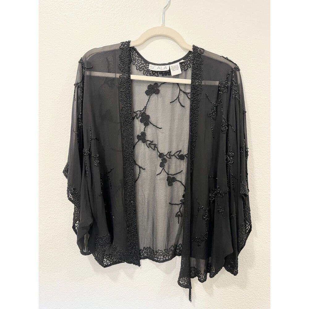 Vintage 100% silk sheer Scala beaded black shawl
